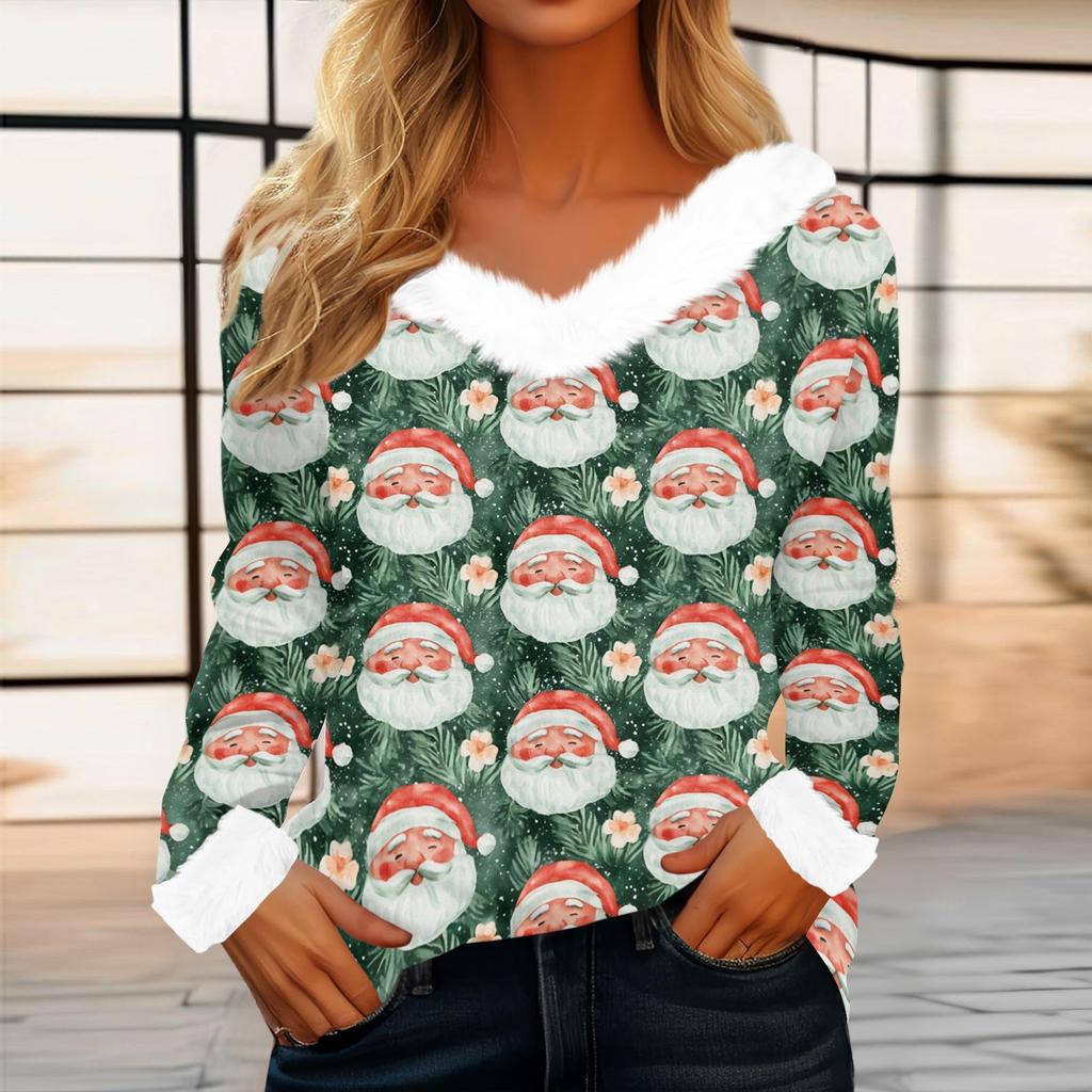 Women's Casual Long Sleeve Christmas Print Top with Plush Collar