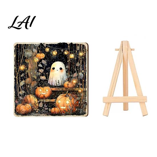 Wooden Ghost Figurine for Shelf Halloween Wood Tabletop Sign with Mini Easel Cute Pumpkin Decorative Signs Autumn Plaque Rustic Ornament Home Decor