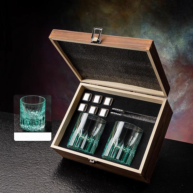 Creative Whiskey Glasses Stone Set Luxurious Wine Gift 2 Pcs Whisky Cups And 6 Pcs Stainless Steel Whiskey Stones In Wooden Box