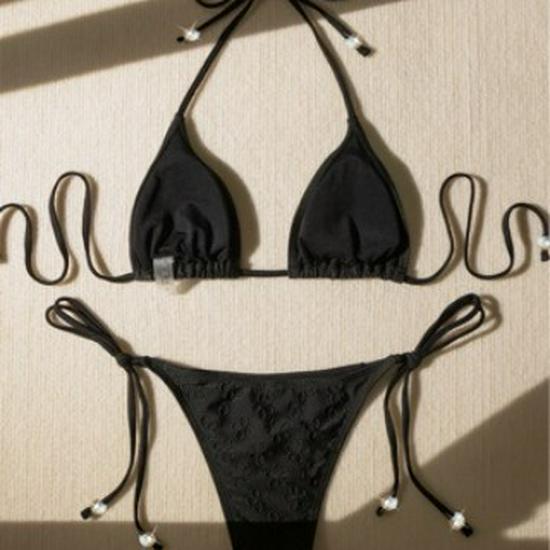 European & American Halter Tie Bikini: Sexy Two-Piece Solid Color Swimsuit for Women
