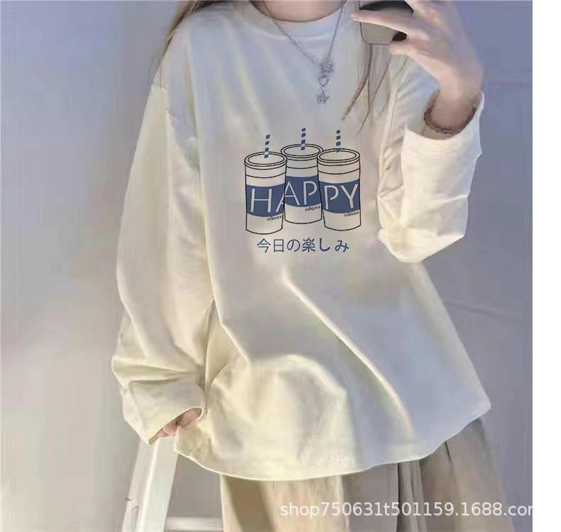 Women's Crew Neck Long Sleeve T-Shirt Loose Milk Silk Printed Top Casual Street Style Autumn Winter Basic Layering Tee