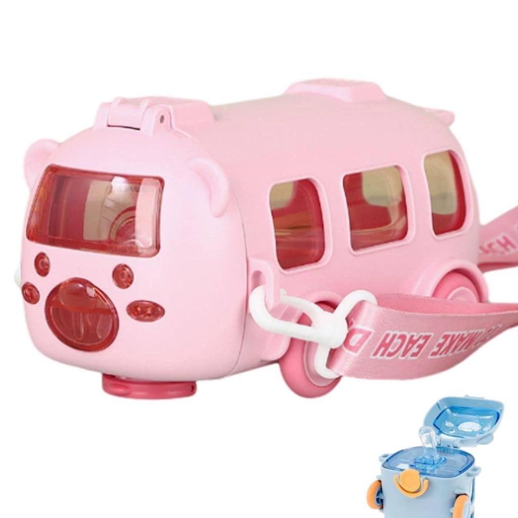 Novelty Portable Water Cup In Bus Shape With Strap For Kids Plastic Large Capacity Leak-Proof  Straw Cup Gift for Childern