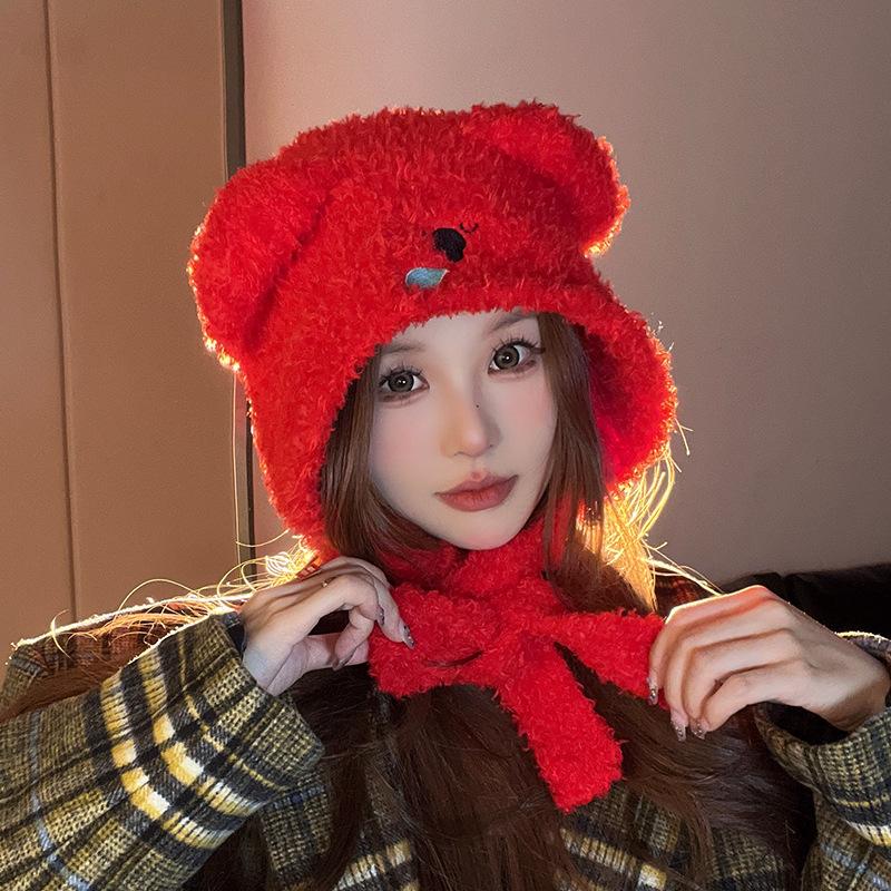 New Hat for Women's Snot Bear Lace Up Plush Hat Autumn and Winter Ear Protection Warm Pullover Hat Knitted Lei Feng Wool Hat