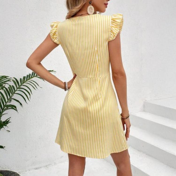 Summer Party Dress Women Striped Print Button Front V Neck Ruffle Cap Sleeve A Line Mini Dress