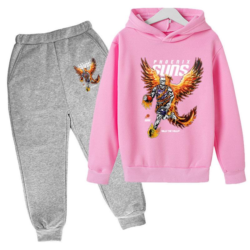Autumn Winter Phoenix Suns "Rally the Valley" Flame Printed Hoodies Sweatpants Set Fashionable Casual Warm Sports Long Sleeved Pants Men's Sport Wear