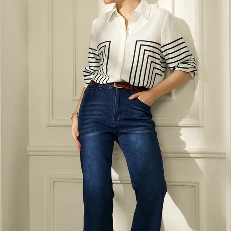 

2025 autumn striped shirt women s long-sleeved loose elegant temperament was thin 259 S білий