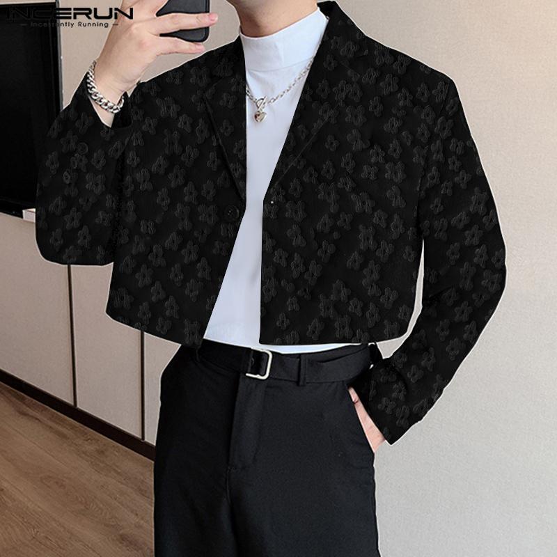 INCERUN Men Lapel Neck Long Sleeve One Button Flowers Texture Cropped Blazer Coats