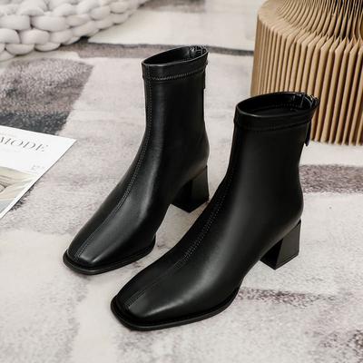 Short Boots Women's High Heel Thick Heel New Boots Soft Leather White Square Head Autumn and Winter Velvet Medium Tube Thin Boots