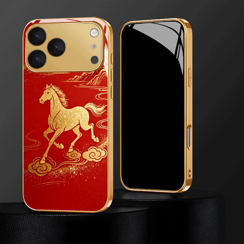 Fashion Gorgeous Golden Horse phone case for iphone 17 pro max cover Built-in glass for iPhone 17 16 15 14 13 12pm Pro Plus