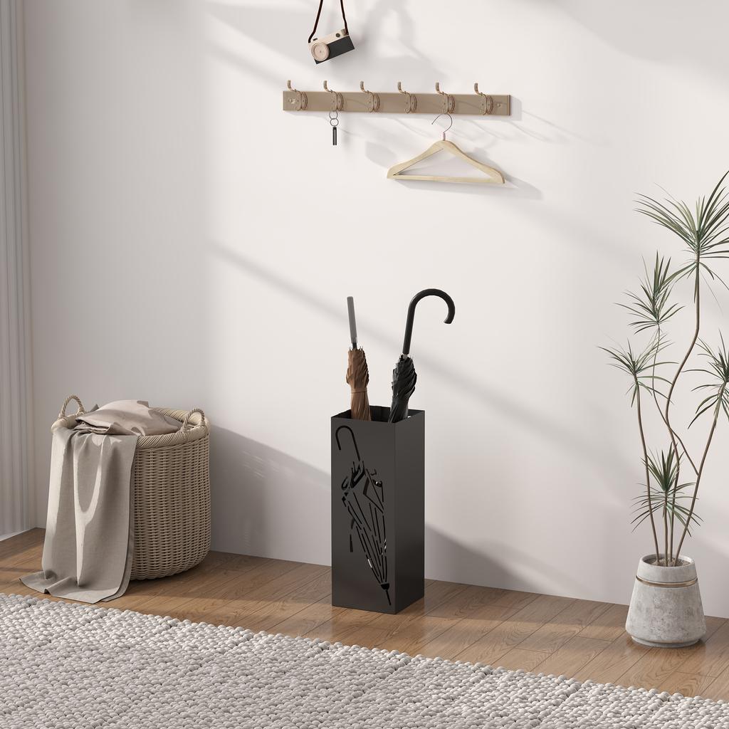 Metal Umbrella Stand, Square Umbrella Holder with 4 Hooks and Removable Drip Tray, Decorative Umbrella Storage Rack for Entryway, Hallway