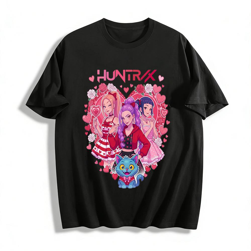 

Huntrix Girl Group & Heart Cat Graphic T-Shirt Sweet Rose Heart Pattern Casual Top For Teens Pure cotton T-shirt XXS