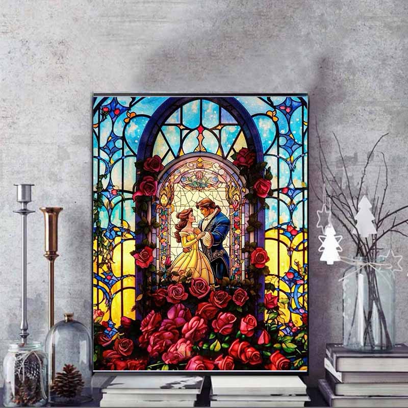 Disney 5D DIY Diamond Painting Decorations Beauty and The Beast Stained Window Theme Artwork Diamond Embroidery and Rhinestone Cross StitchSetHandmade