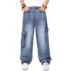 Japan Style Brand Mens Straight Denim Cargo Pants Biker Jeans Men Baggy Loose Blue Jeans With Side Pockets Jeans Men