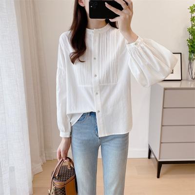 Top Plissado de Manga Lanterna Solto para Mulher Camisa de Manga Comprida para Outono Feminino Novo Estilo