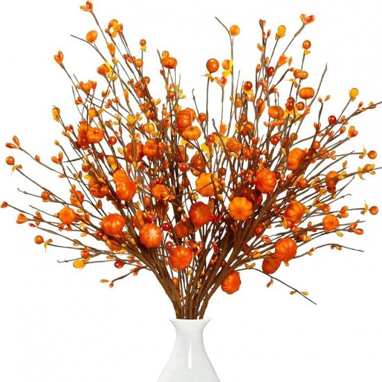 Sggvecsy Fall Artificial Berry Stems 6Pcs Berry Picks Branches Fall Orange Stems Floral Arrangements with Fake Pumpkin for Autumn Thanksgiving