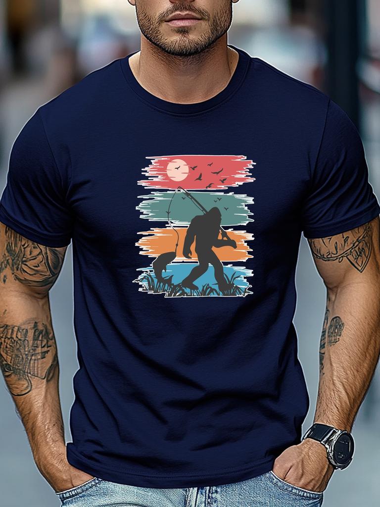 Mens Summer Fishing TShirt Bigfoot Catch Fish Print Short Sleeve Round Neck Breathable Soft Outdoor Daily Wear