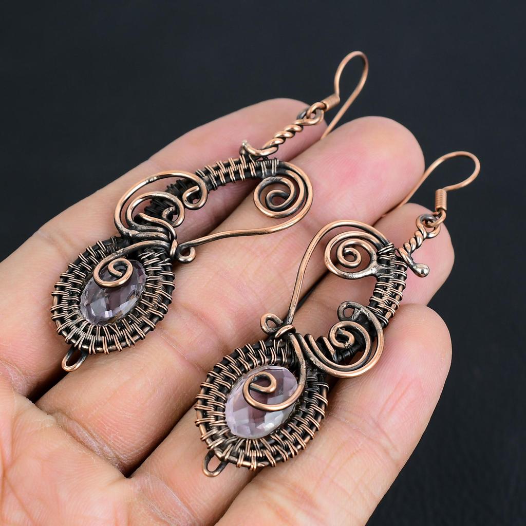 White Topaz 999 Copper Wire Wrapped Earrings, Handmade Gemstone Jewelry Earrings For Memorial Day