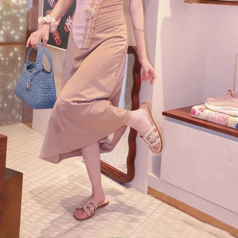 High-end sheepskin version~ Yu Shuxin's same pearl shell straw-woven flat-bottomed slippers for women to wear French sandals new