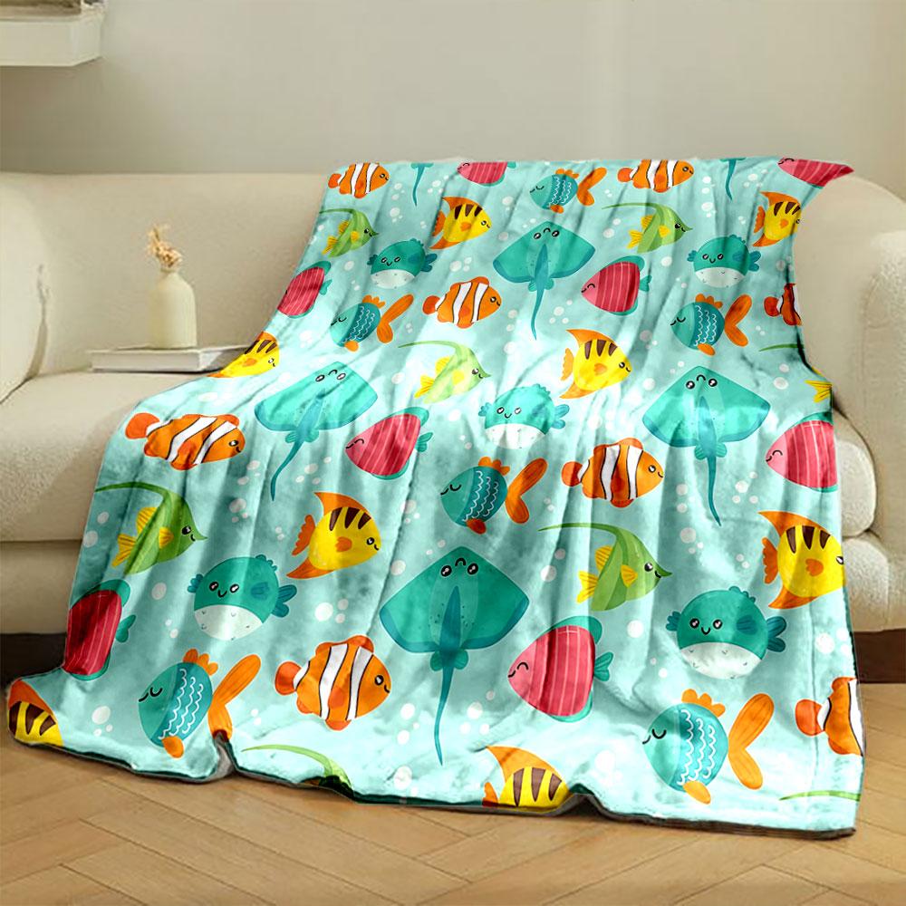 Cute Underwater Cartoon Fish Pattern Print Blanket Soft and Cozy Perfect for the Living Room Bed Sofa or a Nap,gift