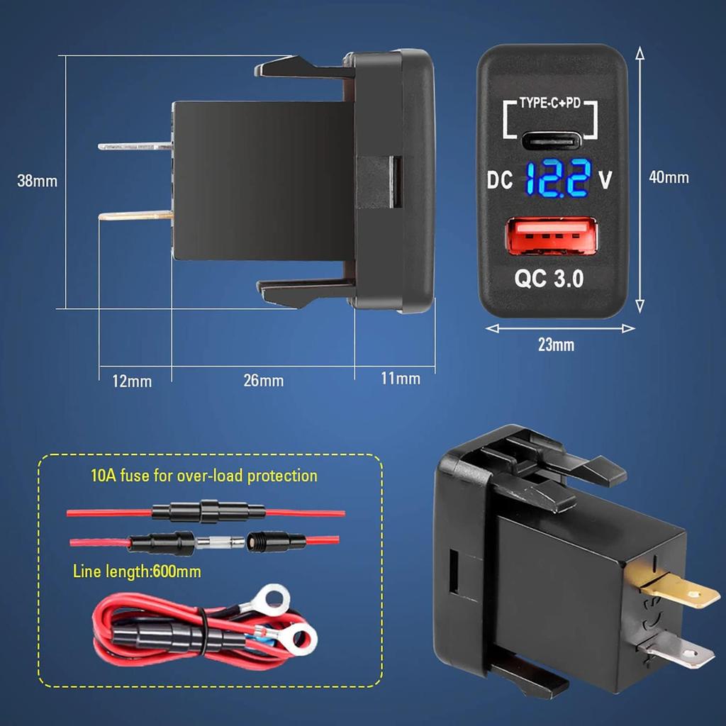 USB Car Charger Socket Quick Charge 3.0 & PD USB C Port Power Outlet Adapter for 12V/24V Toyota Vehicles