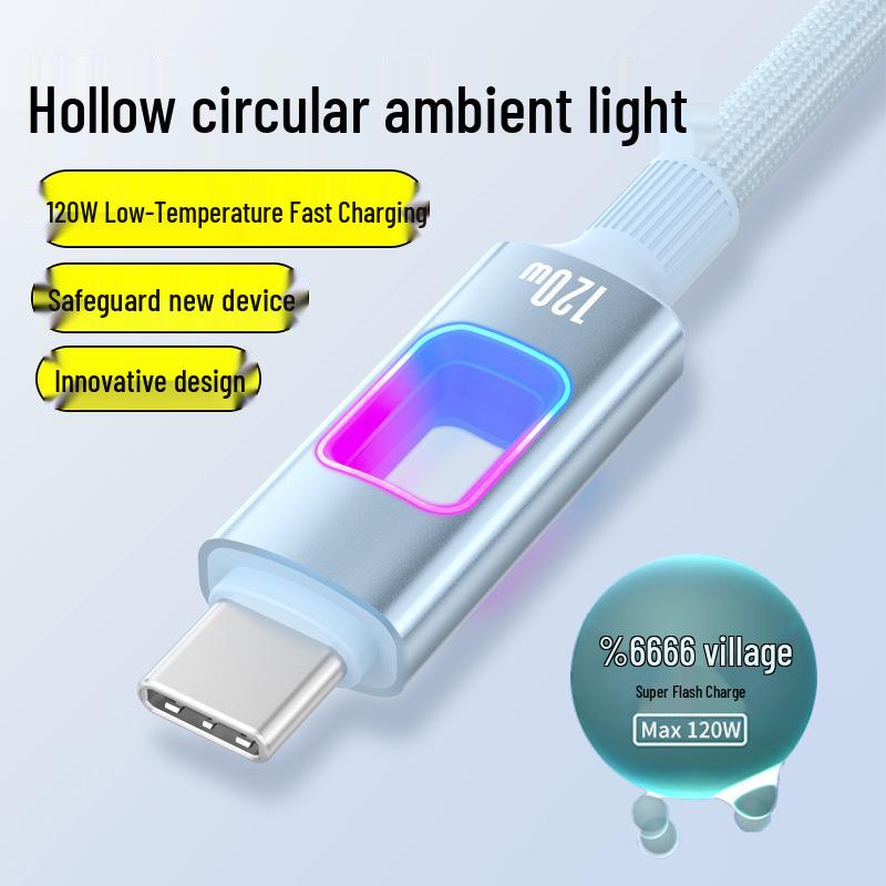 RGB Dazzling 120W Super-Fast Type-C Charging Cable for Huawei, Xiaomi, Vivo, Oppo, and Apple.
