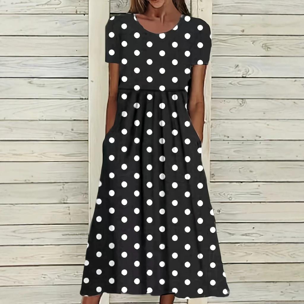 New Summer Fashion Mid-rise Casual Round-neck Polka Dot Printed Short-sleeved Dress for Women