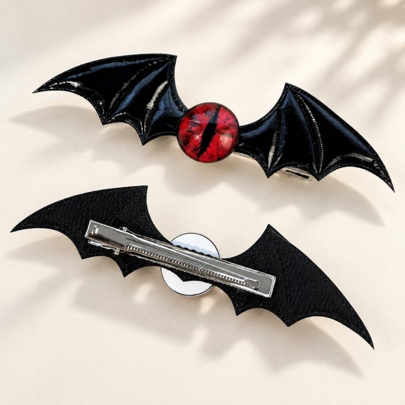 Gothic Hair Clip Set of 2 with Bat Wing Shape and Raised Red Eyeball Decors, Cosplay Barrettes for Theme Party, Stage Show and Party Photo