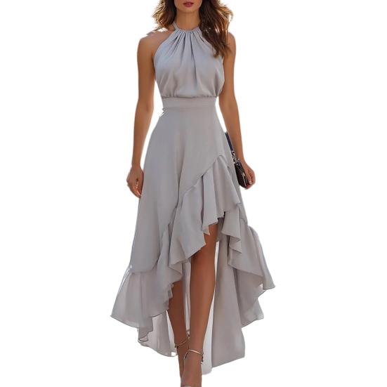 Yousheng Women Cocktail Party Dress, Halter Sleeveless Flowy Long Dress, Ruffled Irregular High Low Wedding Guest Dress