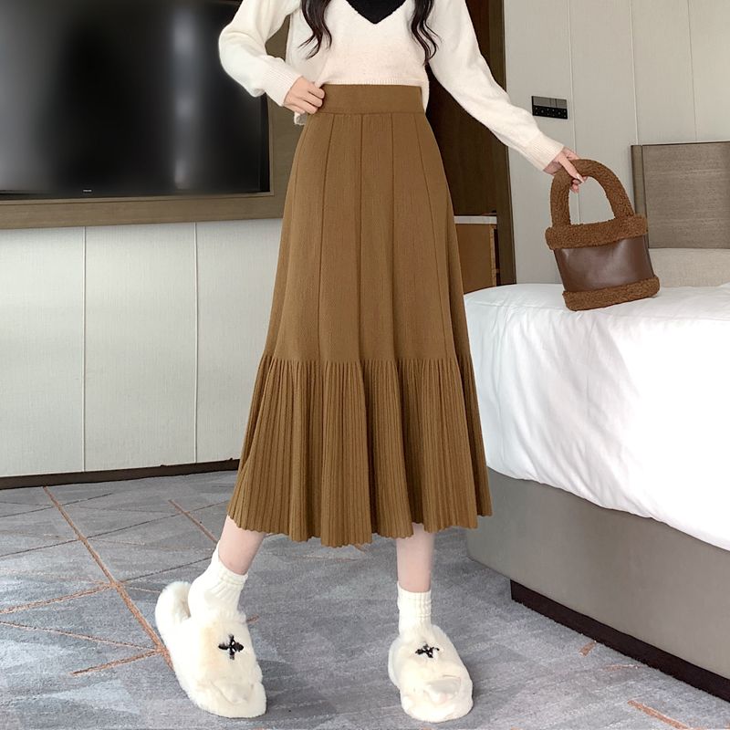 

Трикотажная юбка большого размера формы груши Женская одежда Осень Утягивающая черная юбка Высокая талия Драпировка А-силуэт L