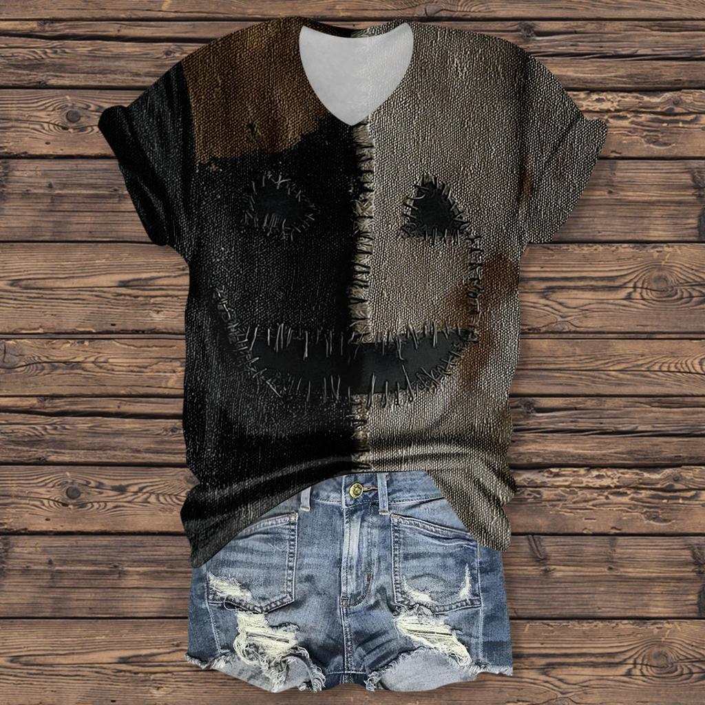 Women's Fashion Casual Three-quarter Sleeve Halloween Letters,  Face Print Top