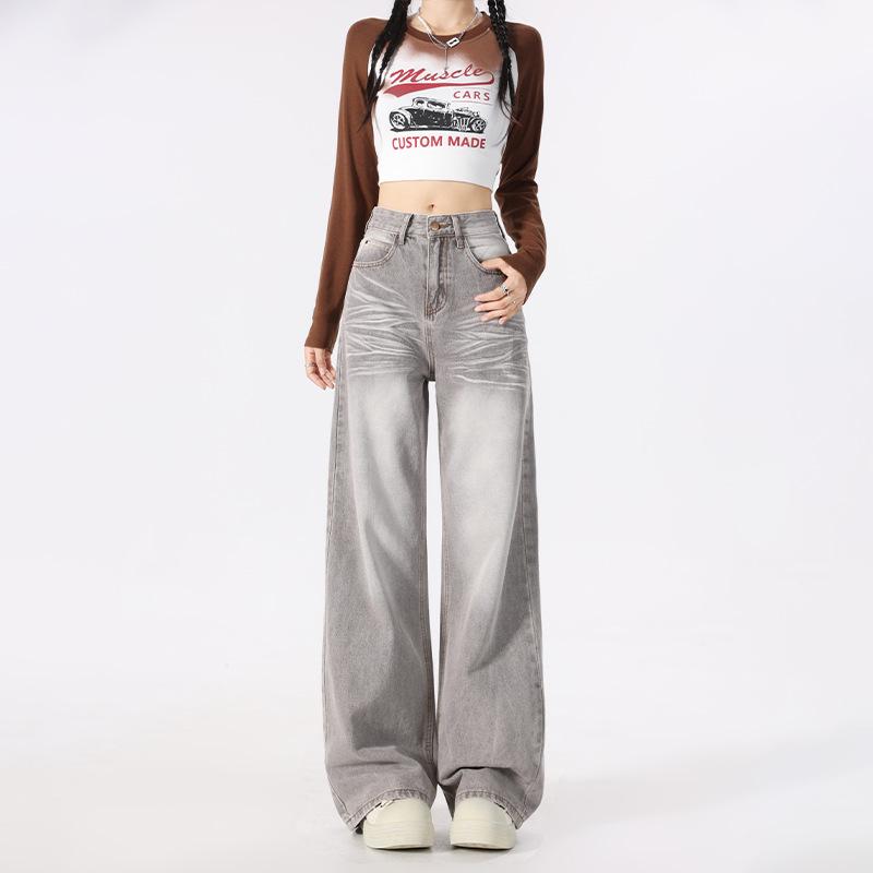 Women's High Waist Wide Leg Jeans - Black & Grey, Spring/Autumn, Plus Size, Floor Length, Straight Leg, Slimming.