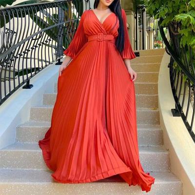 Robe longue plissée sexy à col en V et ourlet large pour femme, tenue décontractée à la mode européenne et américaine