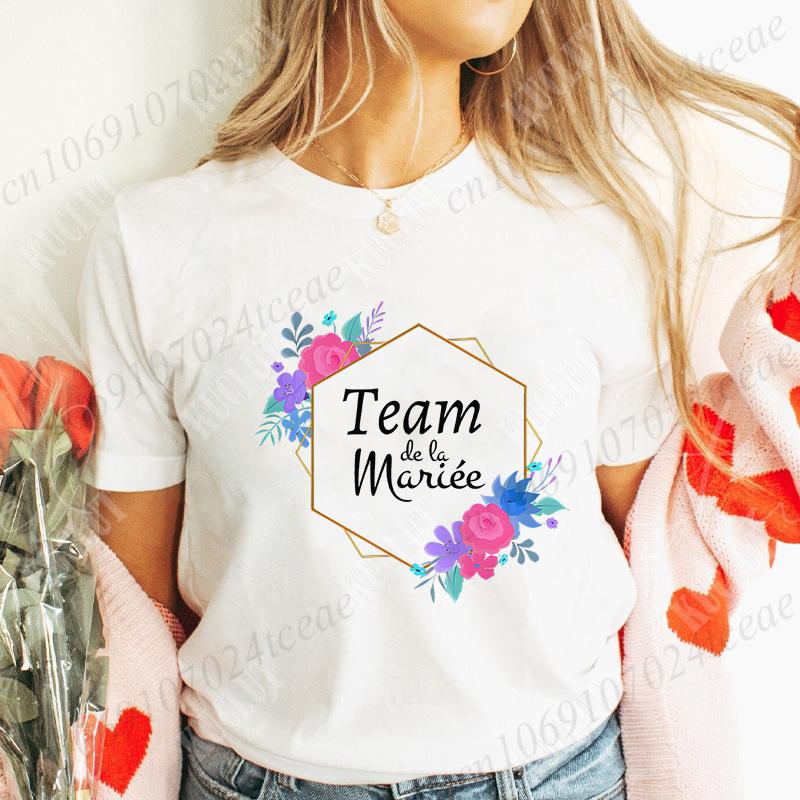French Women Bridesmaid Team Bride Tshirt Bridal Shower Wedding Tshirt Bachelorette Evjf Party Tops Flower Crown Graphic Tees