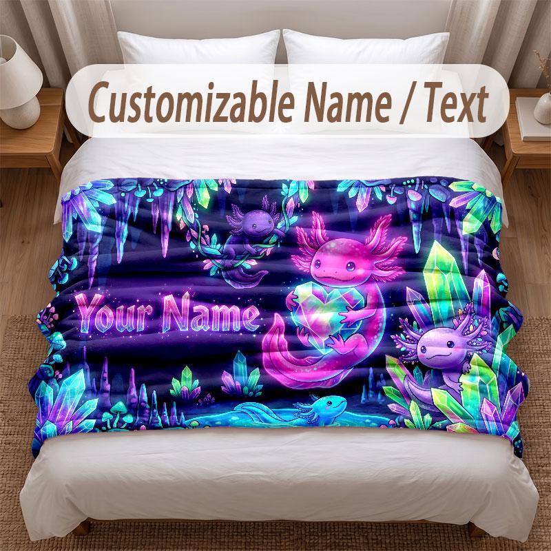 Axolotl Theme Soft Blanket Personalized Custom Name Text Print Warm Blanket Home Sofa Bedroom Decor