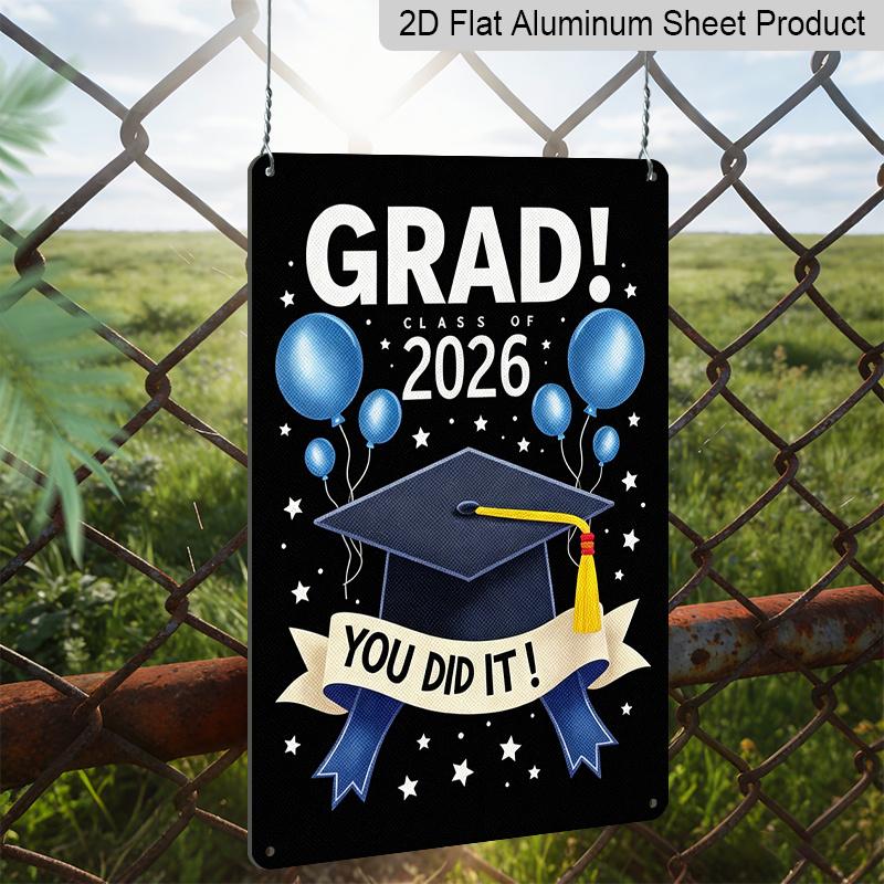 2D Flat, 1pc "GRAD! Class of 2026" Graduation Plaque - Black & Blue Graduation Decor Sign with Cap & Balloons, Black & Blue - Aluminium Wall Hanging