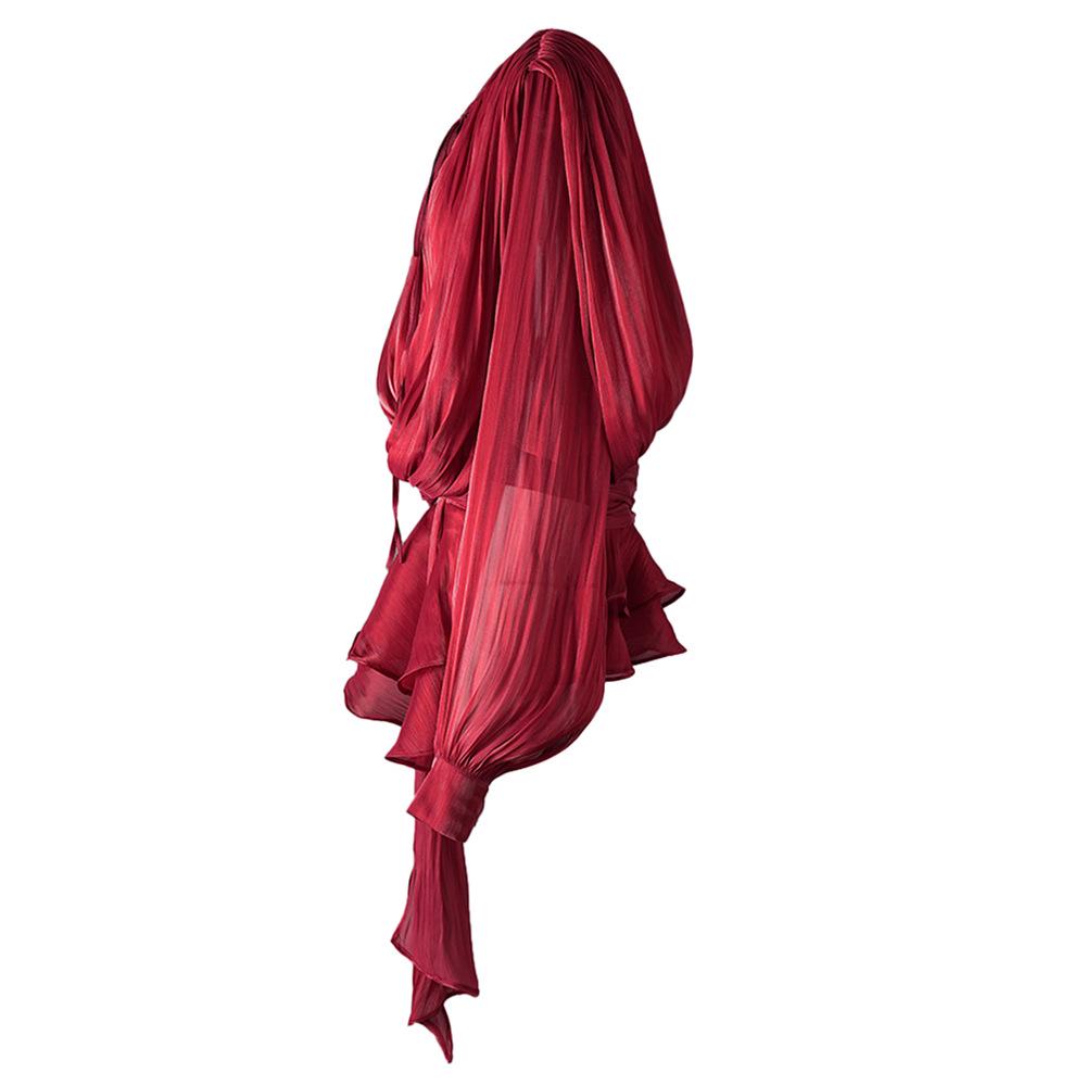 Women's Spring Puff Sleeve Ruffle Dress with Pleated Ribbon Design