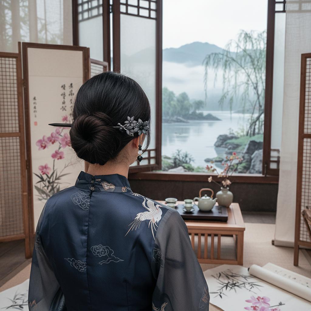 Černá ebenová tyčinka do vlasů Tradiční čínský styl Ručně vyřezávaná dřevěná spona do vlasů s třásní pro ženy Hanfu Svatba Festival