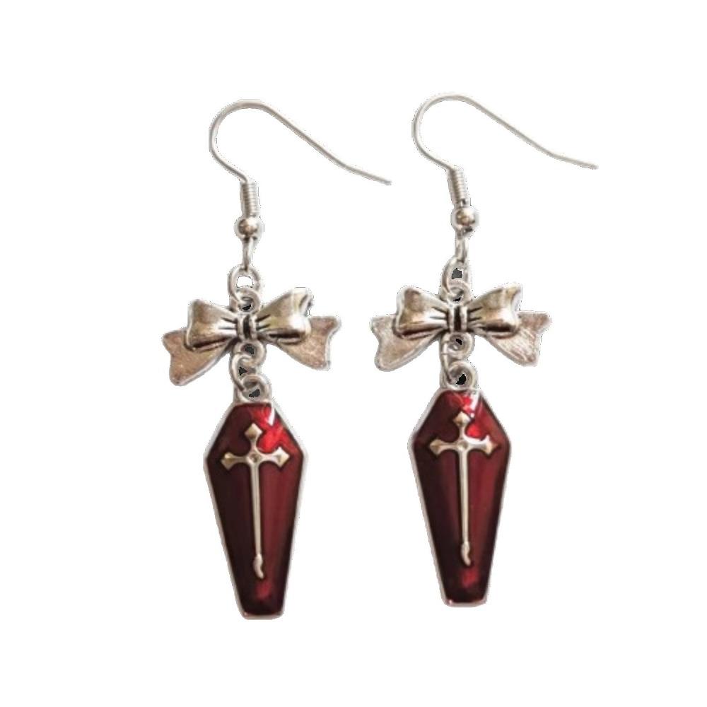 Punk Gothic Sliver Color Bowknot Cross Geometric Red Drip Glaze Coffin Pendant Dangle Earrings for Women Halloween Jewelry Gifts