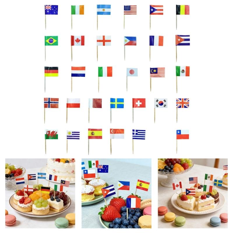 100Pcs Multicolor International Flag Toothpicks Cupcake Picks Cake Top Ornament For Desserts Display Festival Decoration