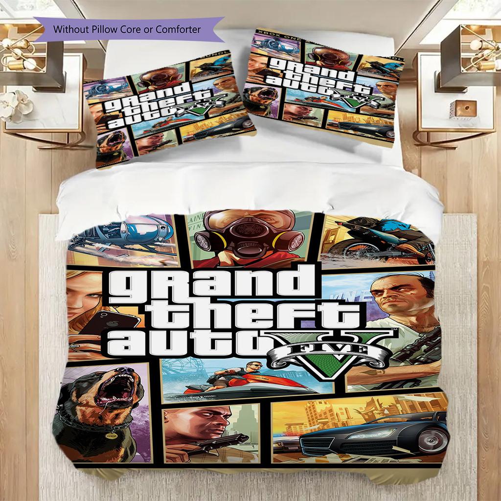 Vibrant Collage Grand Theft Auto V Characters Bedding (1 * Duvet Cover + 2 * Pillowcase, Without Core) 2D Flat Christmas Birthday Gift Bedding Set