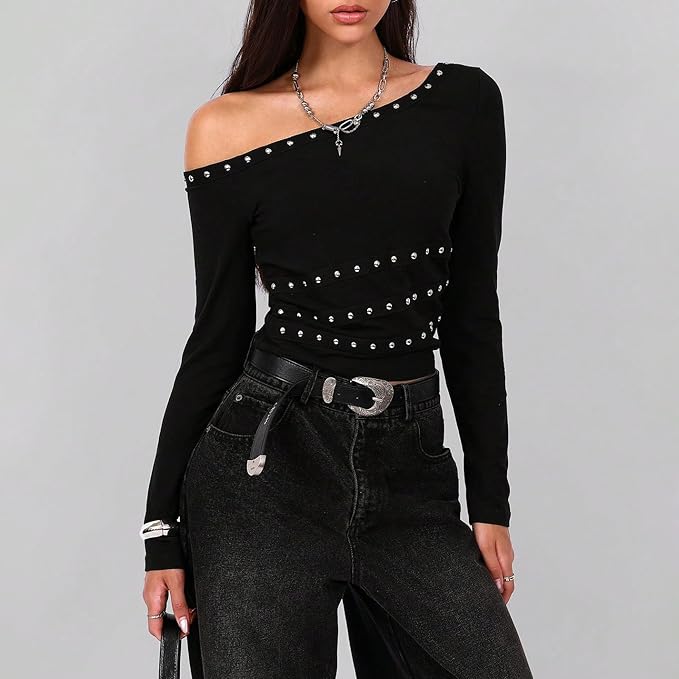 

Топи з відкритими плечима для жінок Осінній стиль 2025 Довгий рукав Сорочка Для виходу Сексуальний укорочений светр 2XL