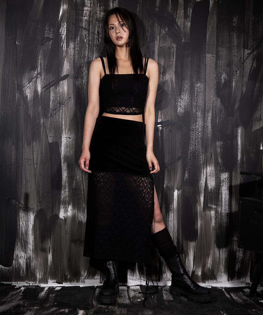 Digeunolusileu Velour See-Through Layered Long Skirt