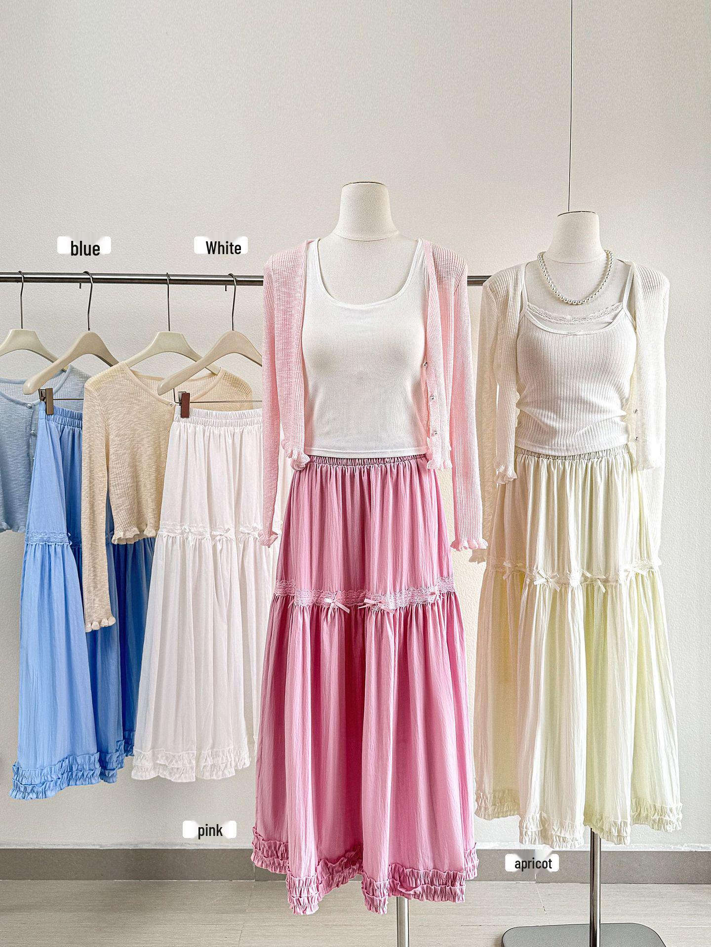 Super Gentle Ruffled Bow Lace Hem Skirt - Spring/Summer 2026 Pleated Fairy Dress One Size розовый