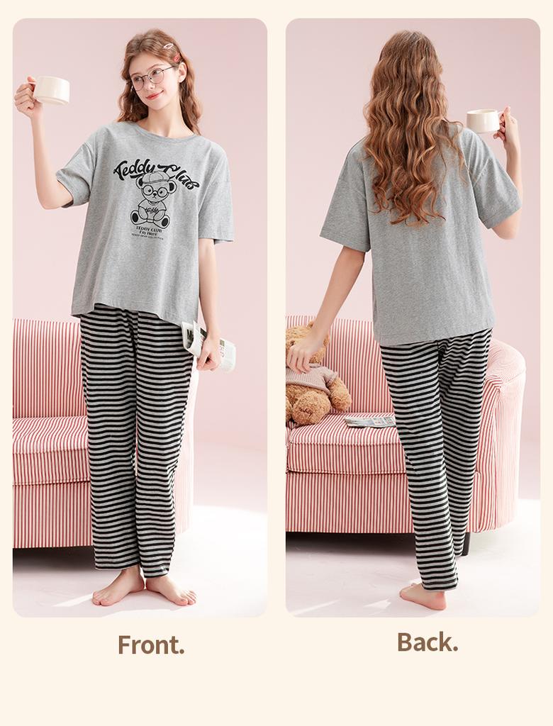 Fenteng [100% Cotton] Teddy Bear IP Summer New Product Round Neck Shorts Thin Pajamas Women's Home Furnishing Set