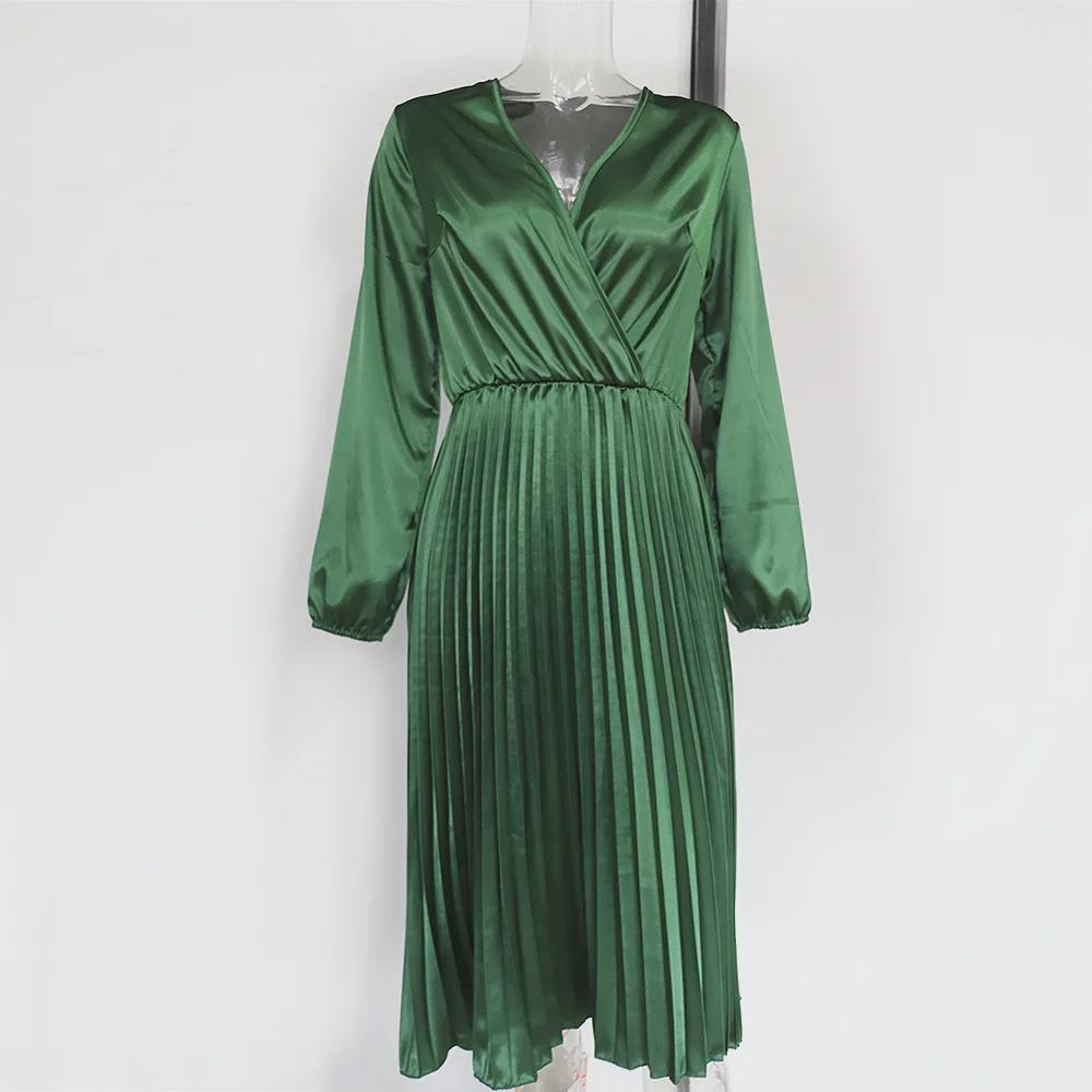 Herbst Damen Langarm V-Ausschnitt Plissiert Einfarbig Modekleid