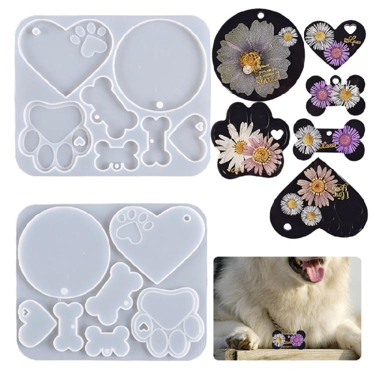 Silicone Keychain Mold Heart Paw Bone Shaped Mold Dog Label Pendant Casting Mold Epoxy Resin Mold with Hole