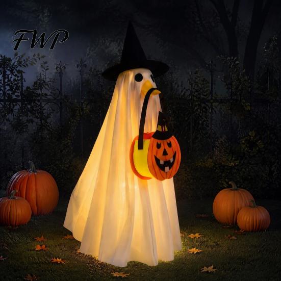 Creative Glow In The Dark Apparel Halloween Glowing Ghost Costume with Witch Hat & Pumpkin Tote Bag, LED Battery Powered Clothes Light Up Fabric