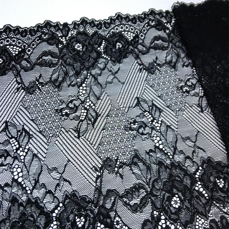 24.5cm wide Black Stretch Lace, Floral Elastic Spandex Lace Fabric for Lingerie, Bra, Underwear, Sewing & Crafting