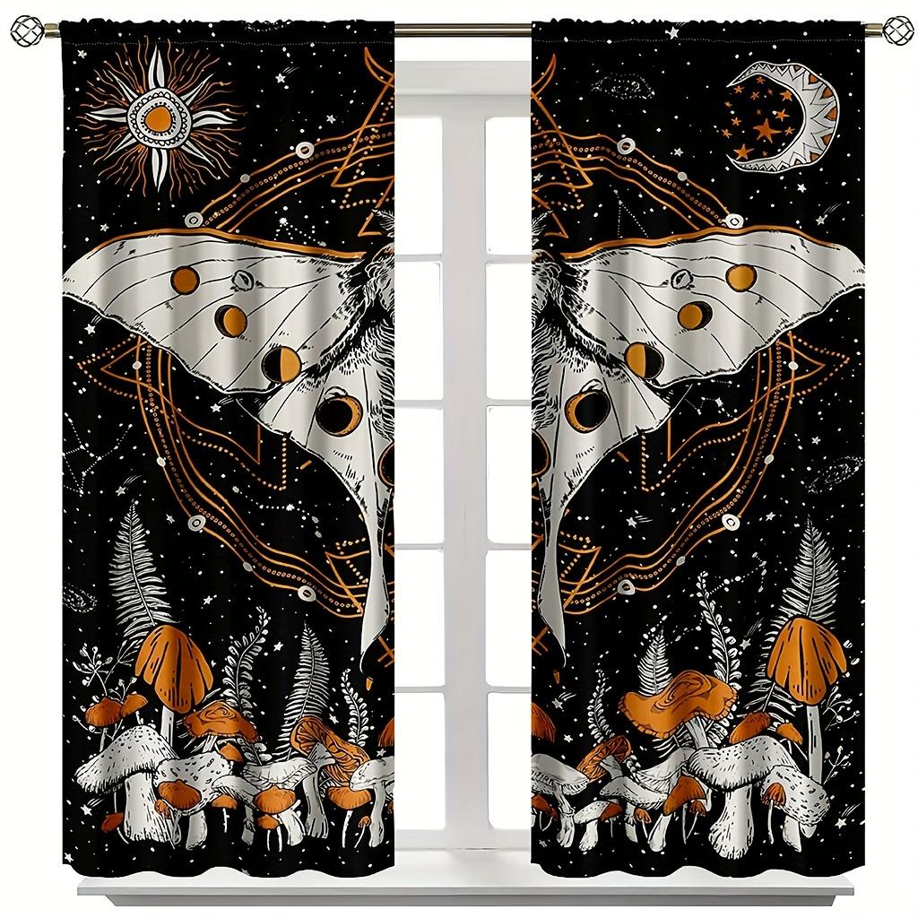 Lot de 2 rideaux de fenêtre soleil et lune pour adolescents et adultes, rideaux jaunes en forme de champignons, phases de lune, astrologie, rideaux de fenêtre pour chambre à coucher
