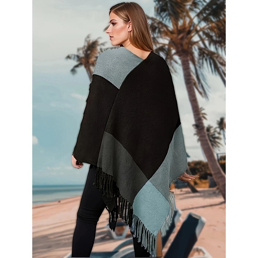 Plus Size Women Color Block Knit Cape Sweater, Batwing Sleeve Pullover Shawl for Autumn Winter